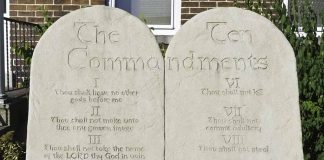 Stone tablet with the Ten Commandments engraved.