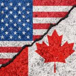 Mark Carney Steps In as Liberal Leader: Navigating Economy and Trade Strains USA and Canada flags divided by jagged crack