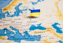 Map of Eastern Europe with Ukrainian flag marker