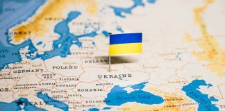 Map of Eastern Europe with Ukrainian flag marker