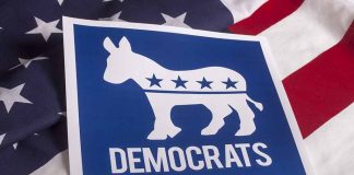 Democrats logo with donkey on American flag background