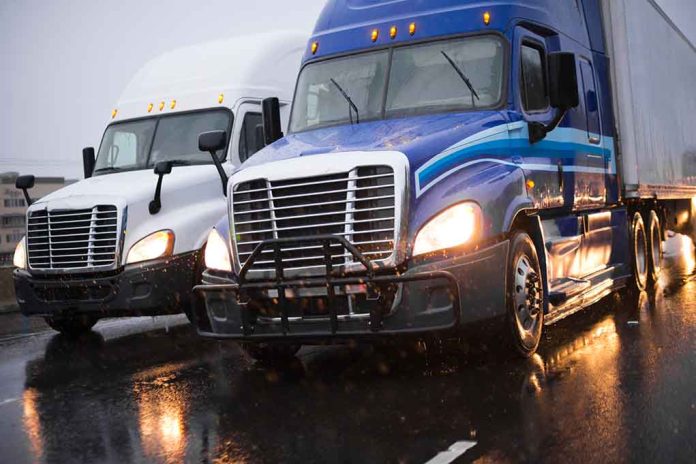 1011507415 featured image Two trucks driving on a wet road.
