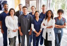 Group of medical professionals in a hospital setting.