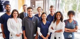 Group of medical professionals in a hospital setting.