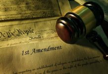 Gavel resting on First Amendment document background