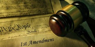 Gavel resting on First Amendment document background