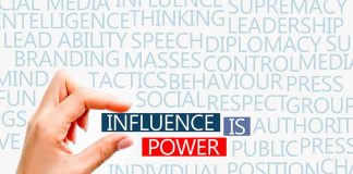 Hand holding block text influence is power