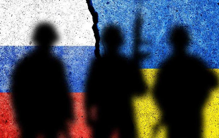 2095910923 featured image Silhouettes on split Russian and Ukrainian flags background