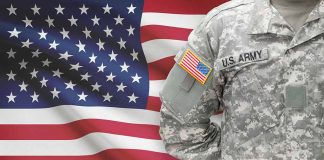 US Army soldier in camouflage with American flag
