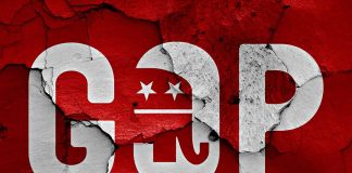 GOP letters with elephant on cracked red background