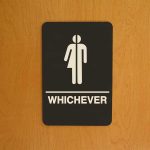 Genderneutral restroom sign with whichever text
