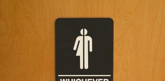 Genderneutral restroom sign with whichever text