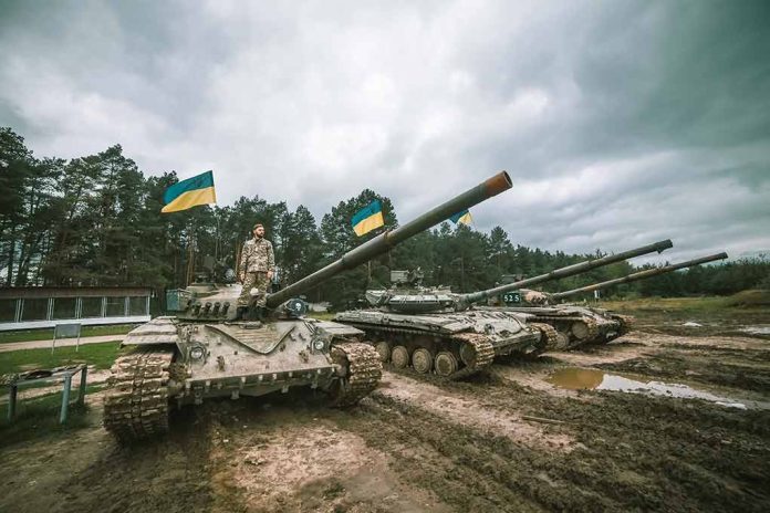 723045571 featured image Tanks with flags in muddy forest environment