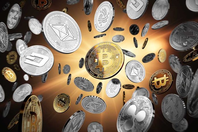 Various cryptocurrencies floating against a golden background