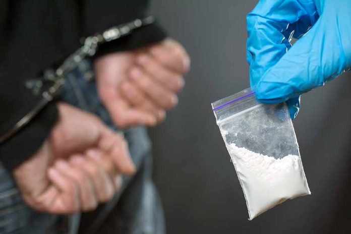 1198679785 featured image Handcuffed person and gloved hand holding white powder bag