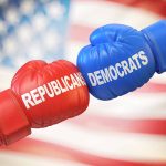 Democratic Party Faces Internal Struggles Over Impeachment Resolution Initiative Red and blue gloves with flag background