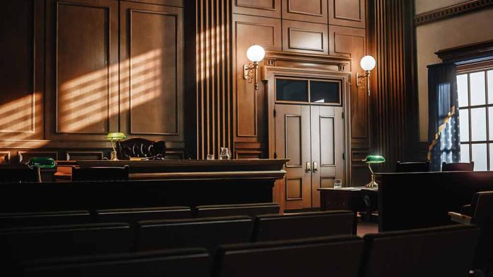 2056420763 featured image Empty courtroom with judge bench and wooden decor