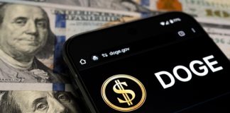 Smartphone displaying Doge logo on hundred dollar bills