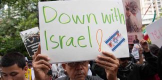Person holding Down with Israel sign at protest