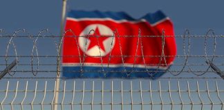 Barbed wire fence with North Korean flag behind