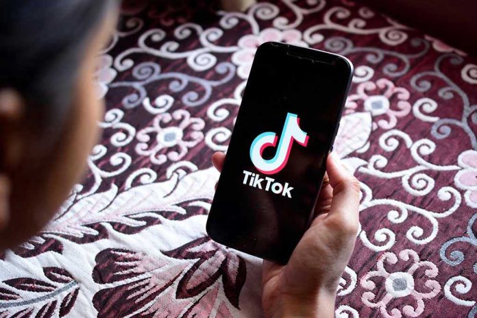 1378101017 Hand holding phone showing TikTok logo