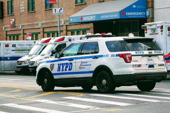 Police car and ambulances outside emergency room entrance