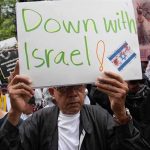 Person holding Down with Israel sign at protest
