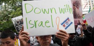 Person holding Down with Israel sign at protest