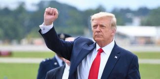 Man in suit raising fist near parked car