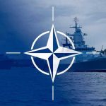 NATO emblem overlaying naval ships in the ocean