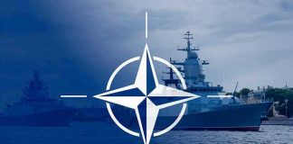 NATO emblem overlaying naval ships in the ocean