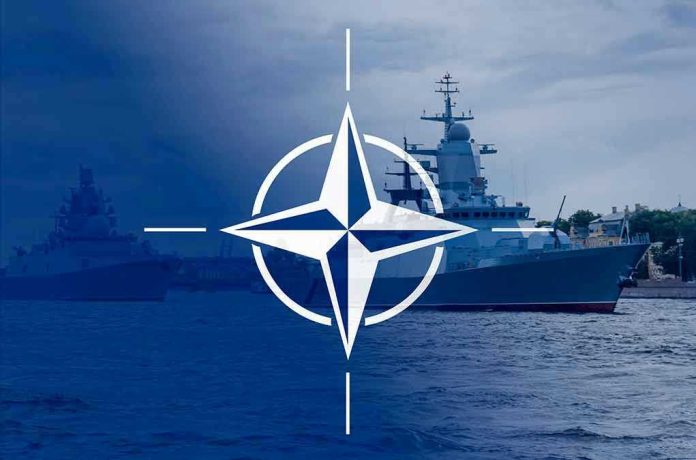 NATO emblem overlaying naval ships in the ocean