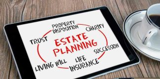 Tablet displaying estate planning related terms nearby coffee cup