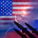 US. and Russian flags with missiles and lightning