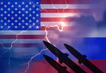 US. and Russian flags with missiles and lightning
