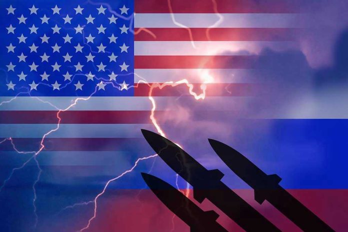 724090102. US. and Russian flags with missiles and lightning