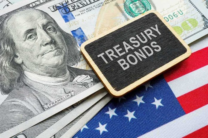 Close-up of U.S. currency with a sign reading 'Treasury Bonds' on an American flag background