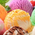 Colorful scoops of ice cream in various flavors