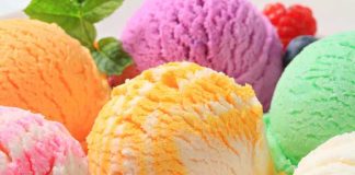 Colorful scoops of ice cream in various flavors