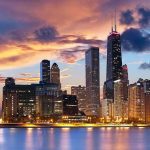 Chicago skyline at sunset with colorful clouds