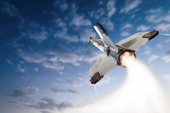 Rocket launching into the sky with clouds.