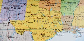 Map of Texas and surrounding states with highlighted borders