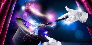 A magician performing with a top hat and wand, creating magical effects