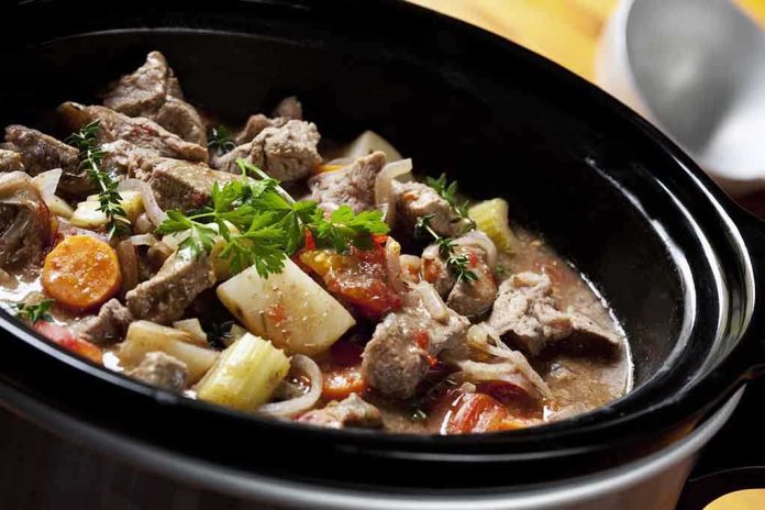 A hearty beef stew with vegetables in a slow cooker
