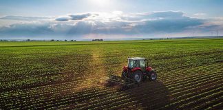 Tractor plowing a vast green field at sunset.