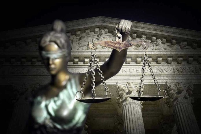 570949213 Blindfolded Lady Justice with scales, Supreme Court background.