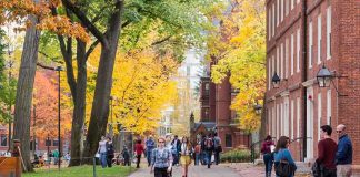 Students walking on a campus path surrounded by autumn trees and brick buildings