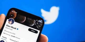 Hand holding phone displaying Twitter profile.