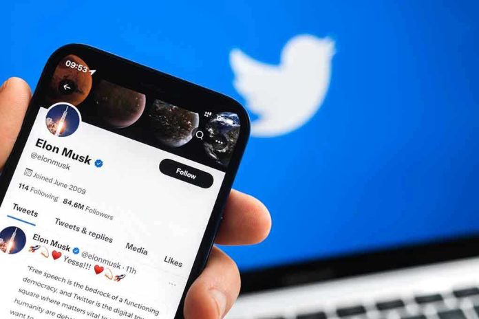 Hand holding phone displaying Twitter profile.