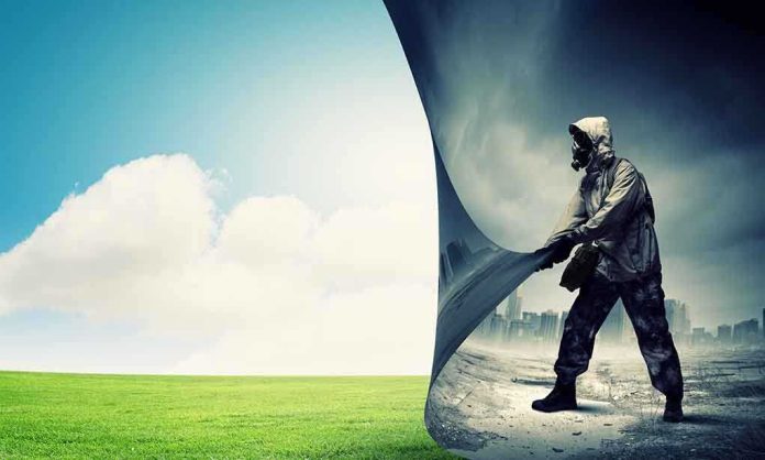 shutterstock_152193797.jpg A person in a gas mask pulling back a curtain revealing a polluted cityscape